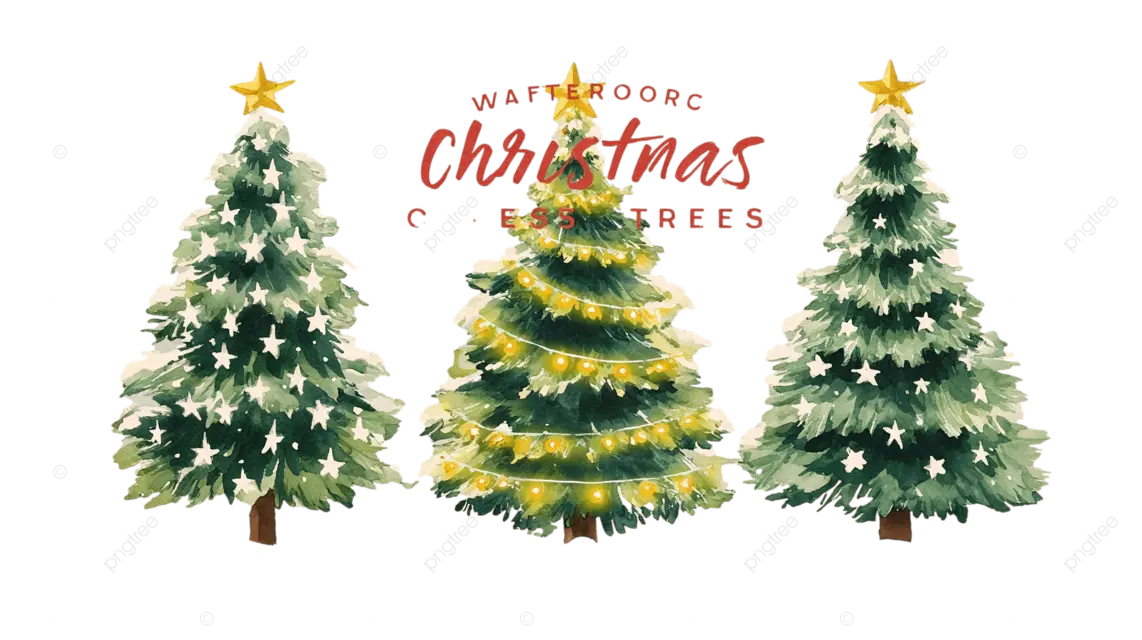 水彩圣诞树，点缀着黄色星星和雪花