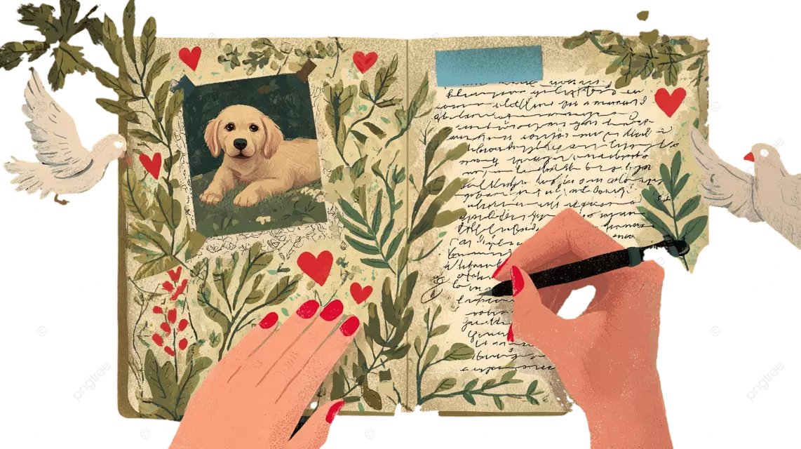 一个人在笔记本上写字，笔记本上有小狗的照片 心形 鸽子和绿色藤蔓