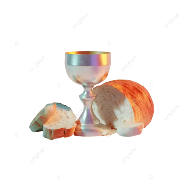 风格化的圣餐公告封面，配有圣杯面包 电影灯光和柔和的色调