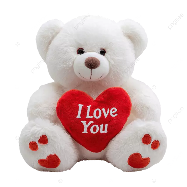 白色泰迪熊，红色的爪子，手里拿着一个大大的“我爱你”心形毛绒玩具