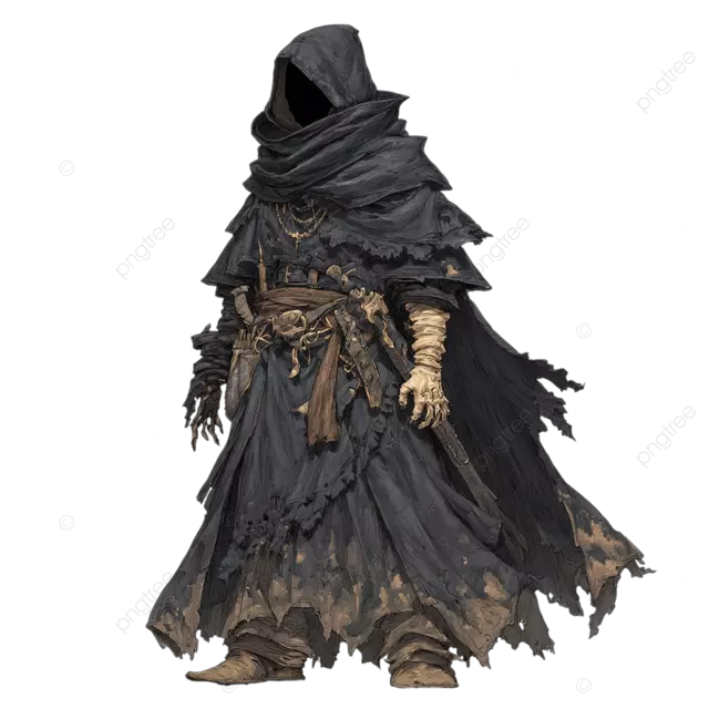 一名身穿黑袍的邪教徒，笼罩在阴影中，穿着破烂的下水道服装，手指瘦削