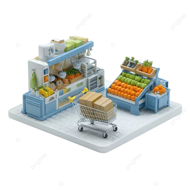 一个小型超市场景模型，包含购物车和商品。
