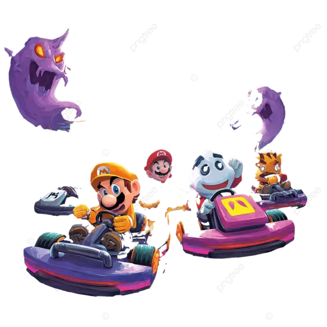 卡通人物在卡丁车上与黑色背景比赛