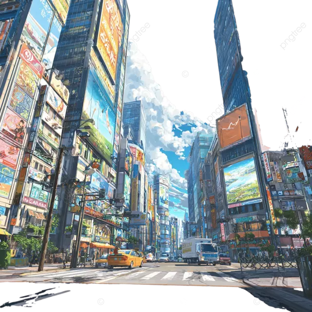 生动活泼的动漫风格城市景观，色彩缤纷的广告牌和熙熙攘攘的城市活力