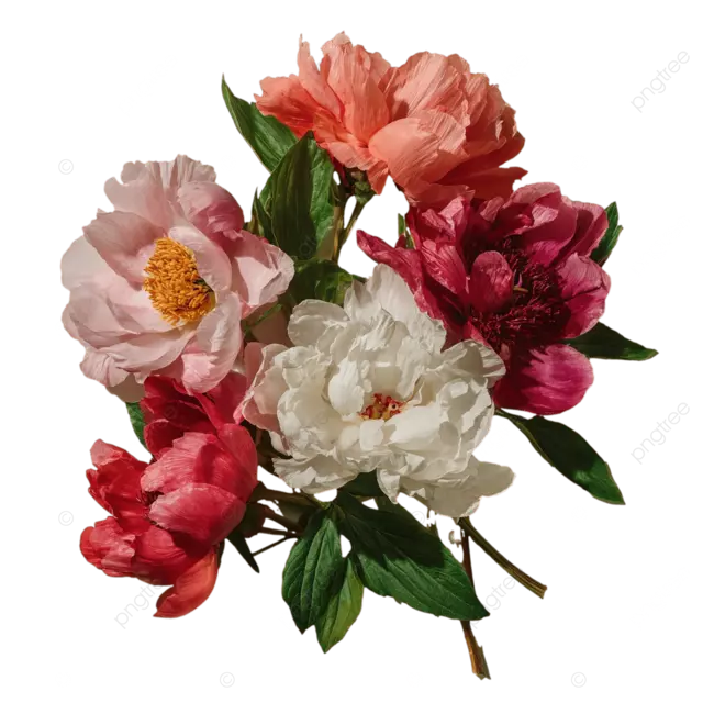 盛开的逼真牡丹，自上而下视图，各种颜色，细致的花瓣，茂盛的绿叶，自然采光，高分辨率花卉摄影，白色背景