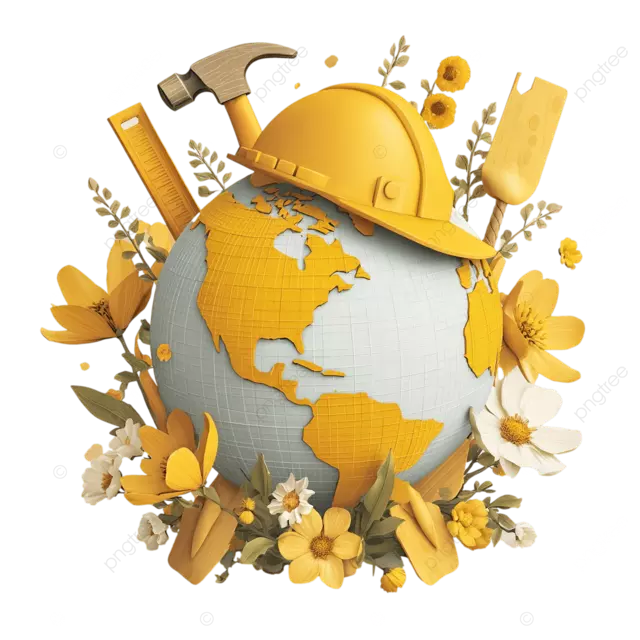 戴着黄色安全帽 摆放着工具和鲜花的地球仪