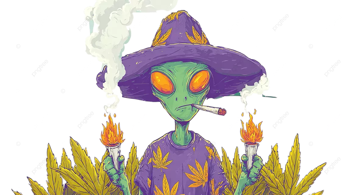 戴着紫色帽子的绿色外星人在绿叶中抽大麻