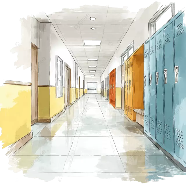 卡通学校走廊，储物柜在白色背景