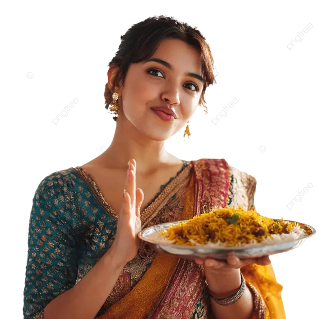 身着彩色纱丽的南亚美女手持印度香饭，笑容灿烂