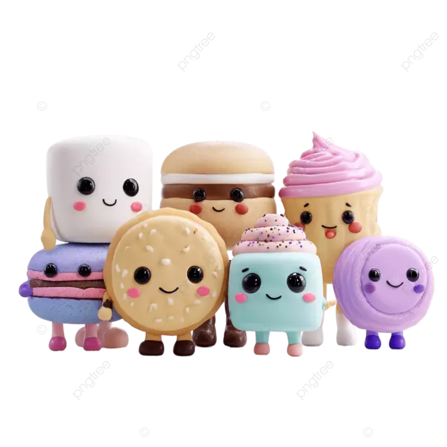 可爱的 3D 卡通零食人物，色彩柔和，具有乙烯基玩具的美感