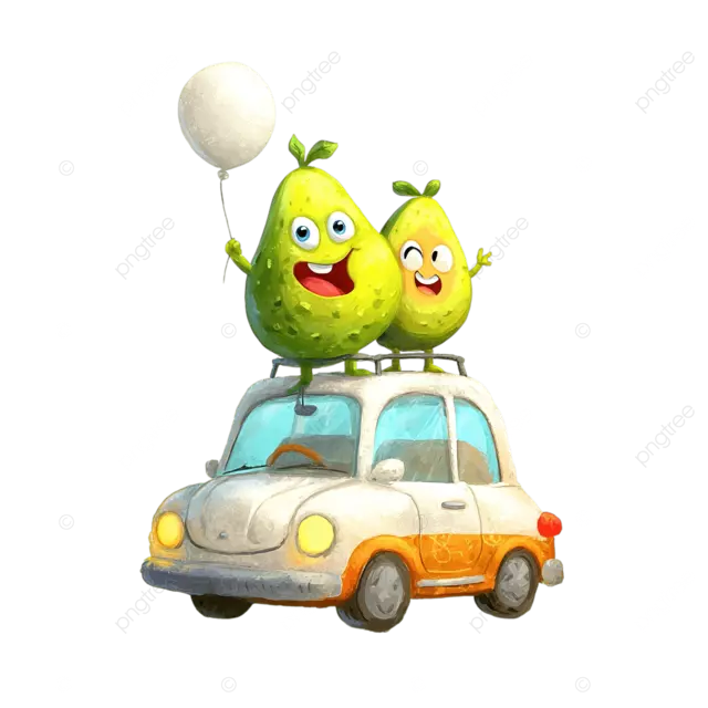 欢快的鳄梨人物站在汽车上，手里拿着气球，呈现出明亮的卡通风格