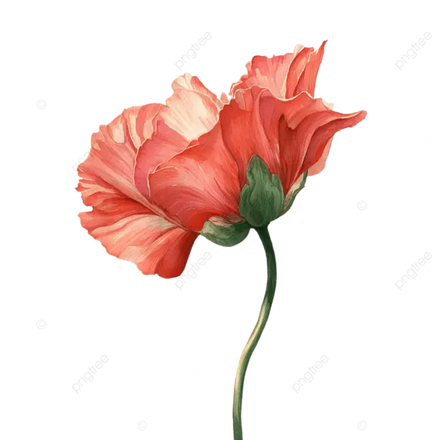 单朵盛开的罂粟花，花瓣细节丰富，花茎弯曲，水彩插图。
