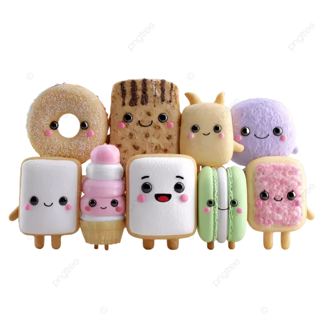 可爱的 3D 卡通零食人物，色彩柔和，具有卡哇伊美感