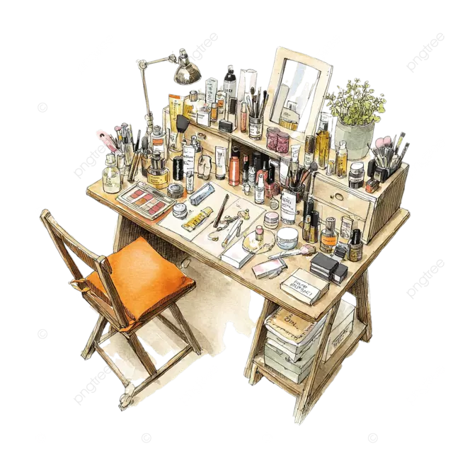 早晨例行办公桌与化妆美容产品水墨水彩插画