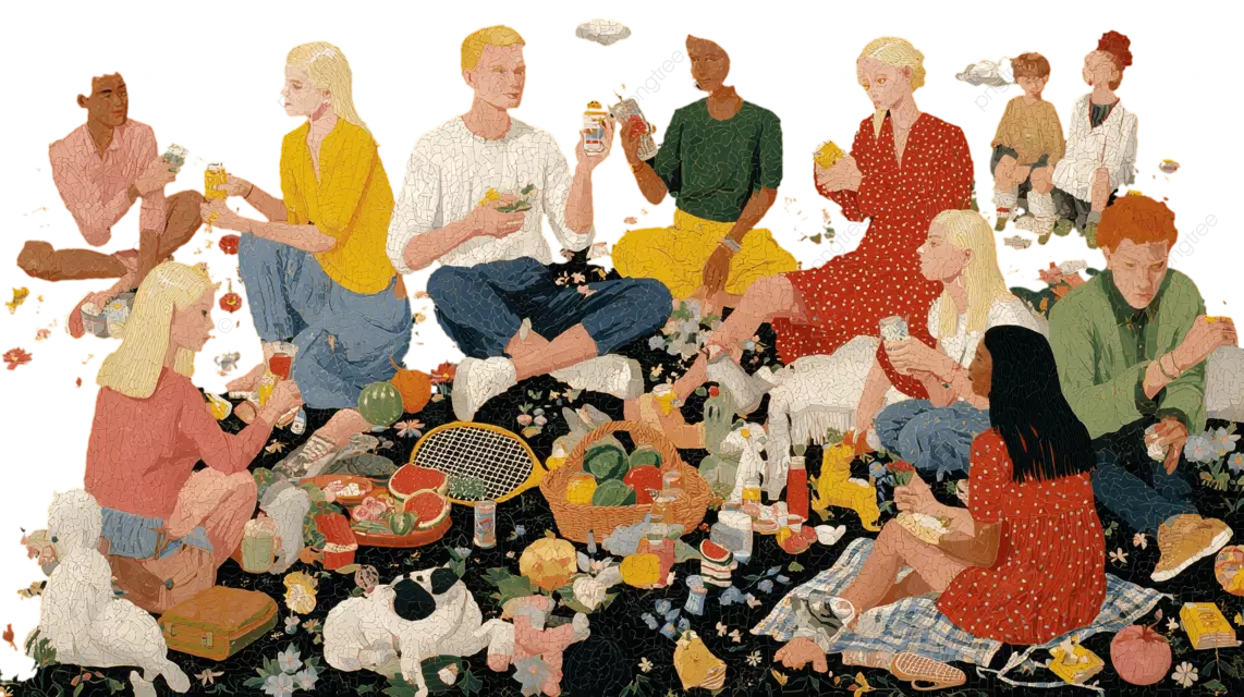 一群人聚集在户外，铺着毯子，面前摆着食物和饮料。