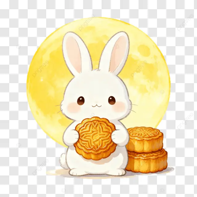 卡通水彩月饼兔子中秋团圆夜剪纸画