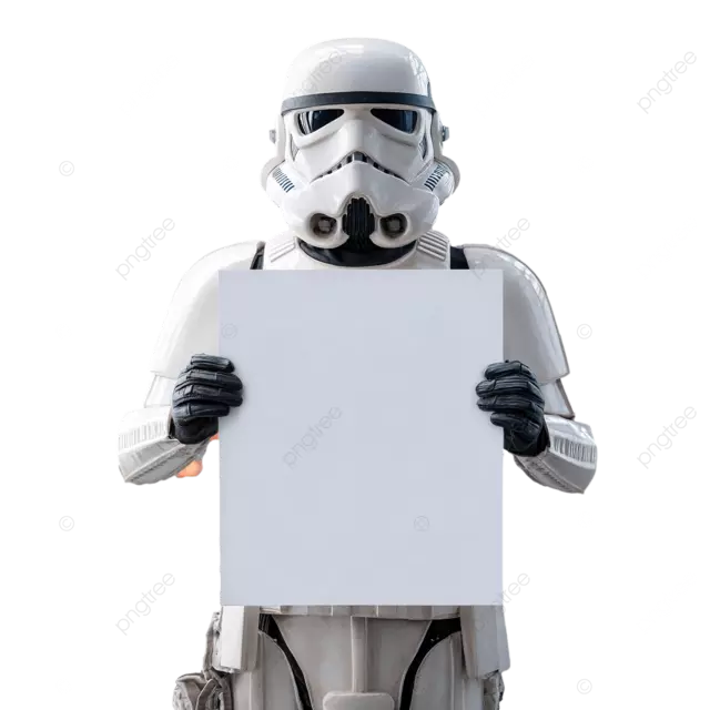 冲锋队员在死星控制室手持空白的 16x20 海报，背景为白色