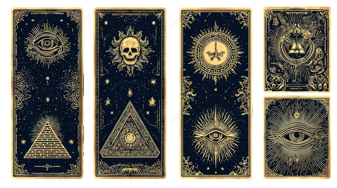 七张塔罗牌，上面有金色图案，有眼睛 骷髅和太阳