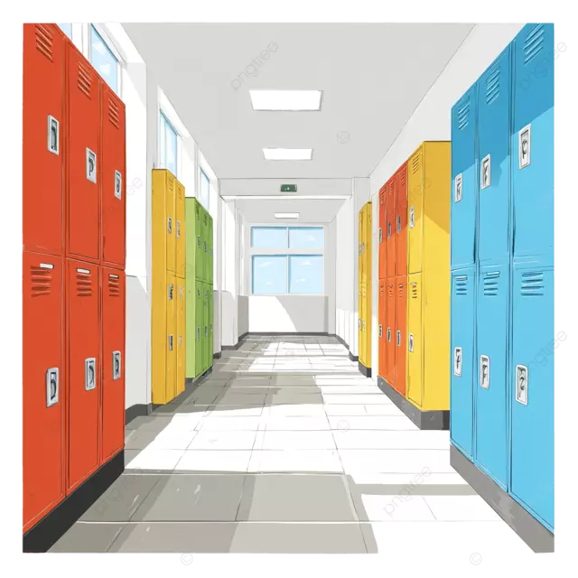 卡通学校走廊，储物柜在白色背景