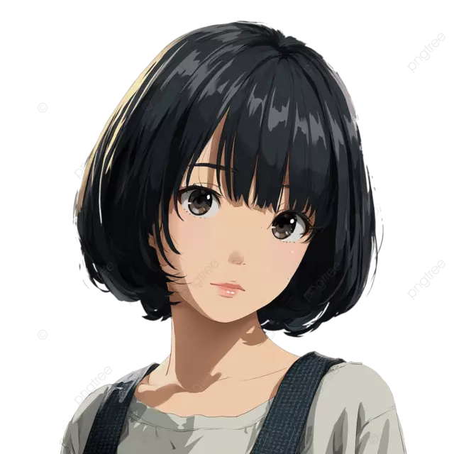 日本高中女生与黑色鲍勃剪头发柔和的脸和善良的个性，以半现实的动漫风格