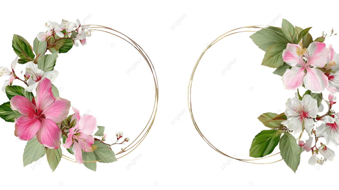 浅灰色背景上，两个饰有绿叶和粉白色花朵的金色圆形相框
