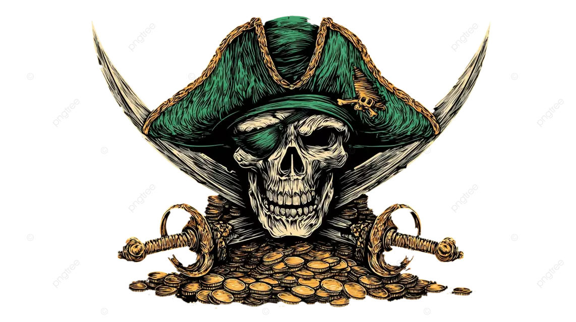 经典的海盗头骨，戴着绿帽子，交叉着剑和金币