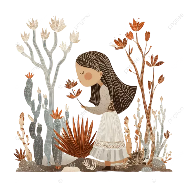 极简主义, 可爱, 奇妙, 土著艺术, 儿童, 女孩, 闻花, 圣地亚哥, ocotillo, cholla, 仙人掌, dudleya, 平静, 复古, 灵感