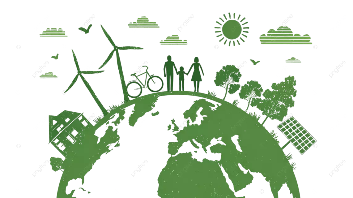 绿色地球轮廓，配有风力涡轮机和太阳能电池板，用于环境保护