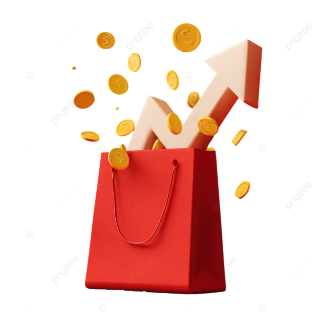 带有金币的鲜红色购物袋象征着极简主义设计的销售增长