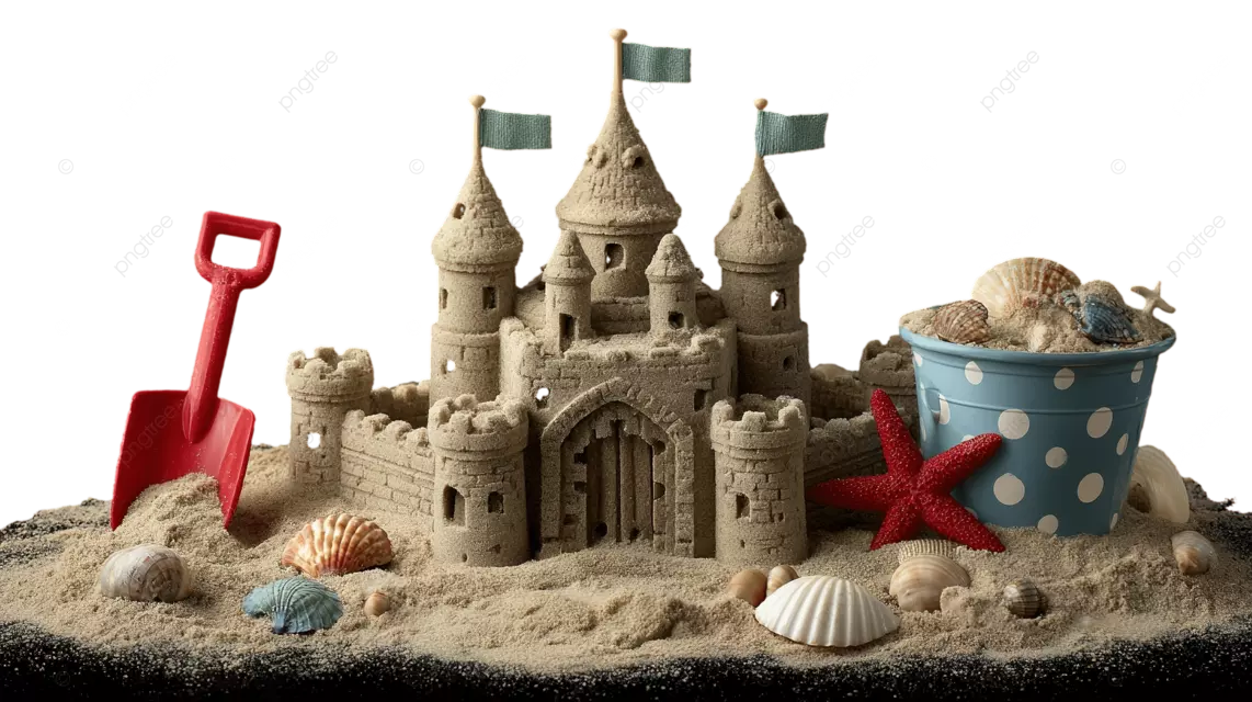 一幅细致的海滩场景，有沙堡 贝壳和海星。