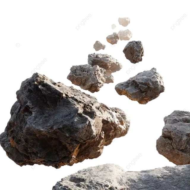 在白色背景上浮动岩石，具有宇宙气氛和逼真的纹理