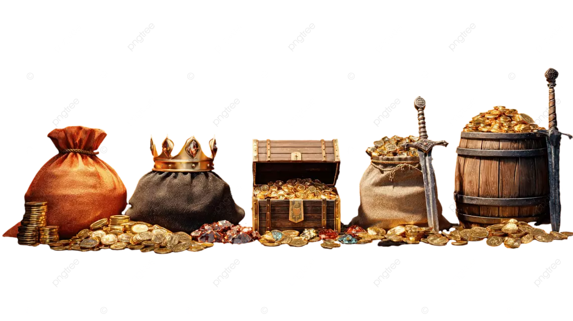从金币到宝箱，各种财富物品在黑色背景上展示。