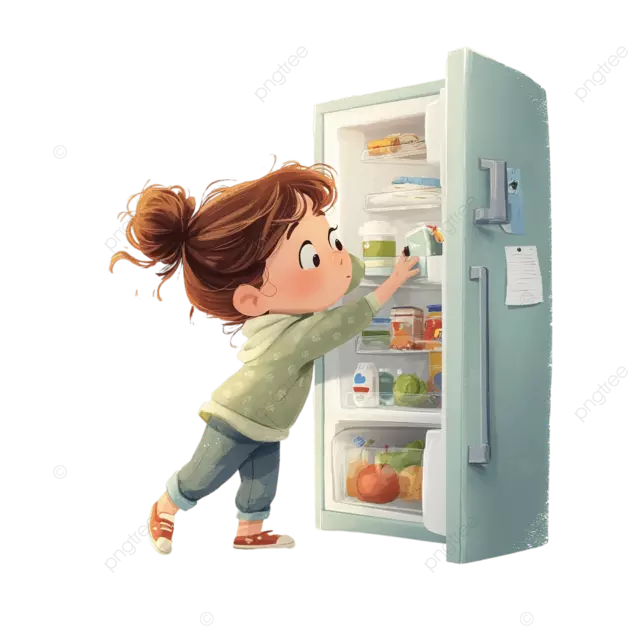 前视图透视女孩从冰箱底部抓住杯子现实的白色背景