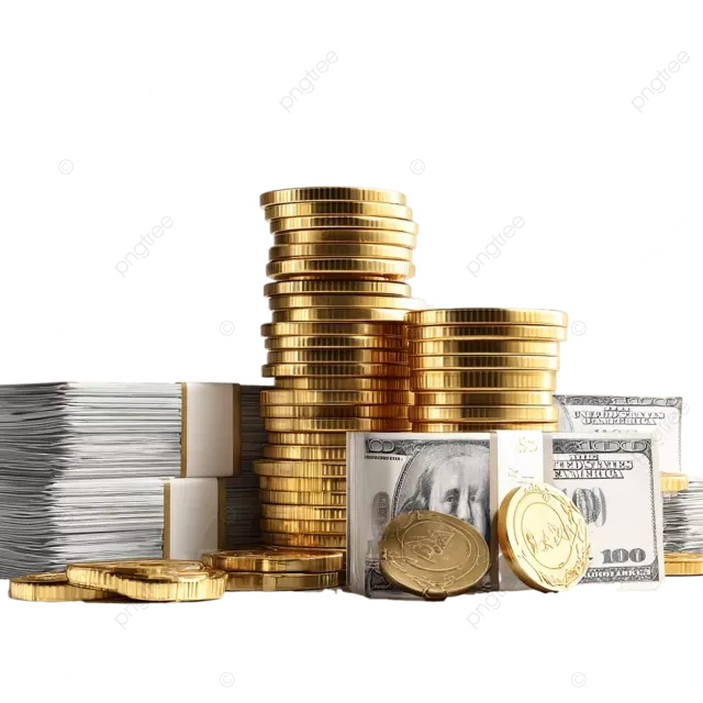 白色 3D 插图上的金钱金币和美元钞票背面