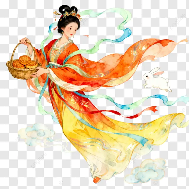 卡通水彩祥云兔飞月团圆中秋夜剪纸画