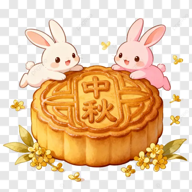 卡通水彩桂花月饼兔子中秋团圆夜剪纸画