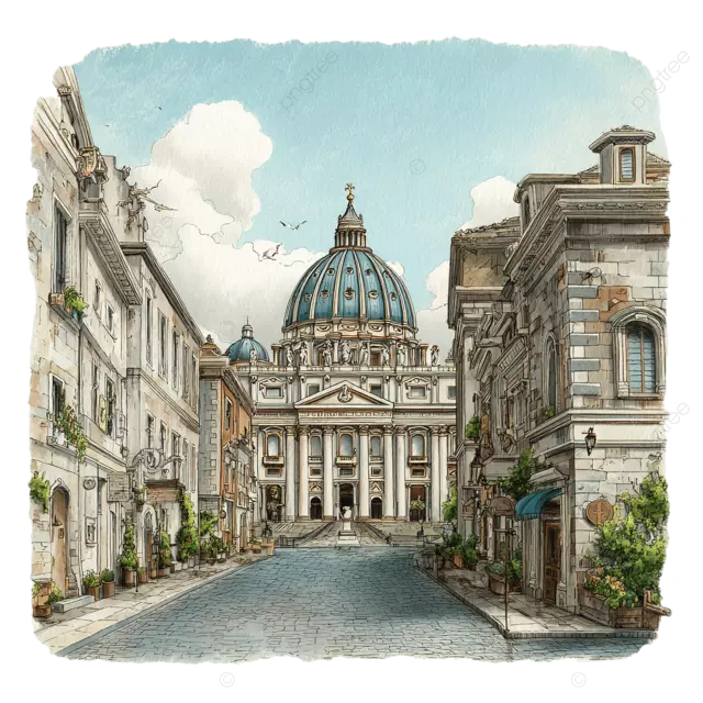 复古故事书梵蒂冈城手绘水墨水彩插图