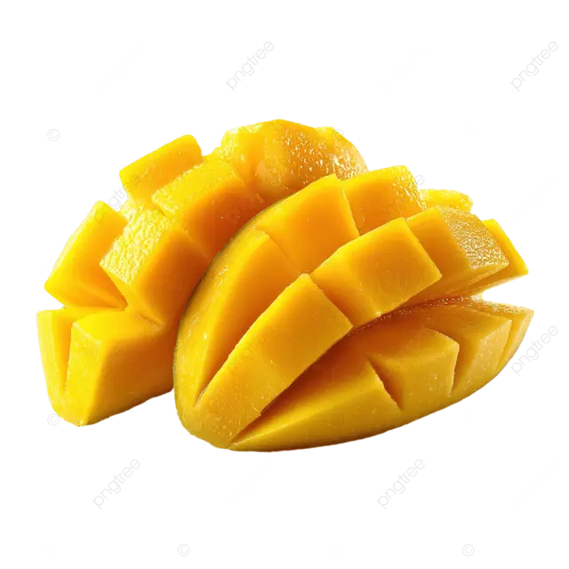 新鲜芒果切成三块，单独放置在白色背景上