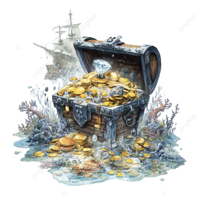 宝藏溢满了银金币钻石和煎饼，水下船幻想