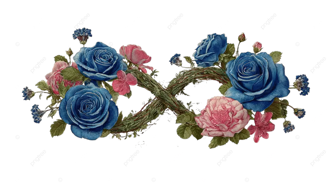 两个由蓝玫瑰 粉色花朵和绿叶组成的花环，形成一个无穷大符号