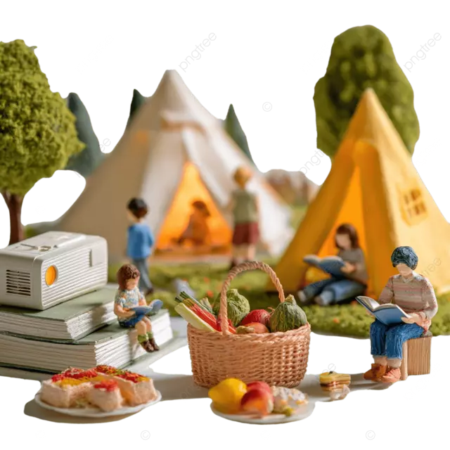 户外野餐场景，配有投影仪和食物篮，清新自然风格