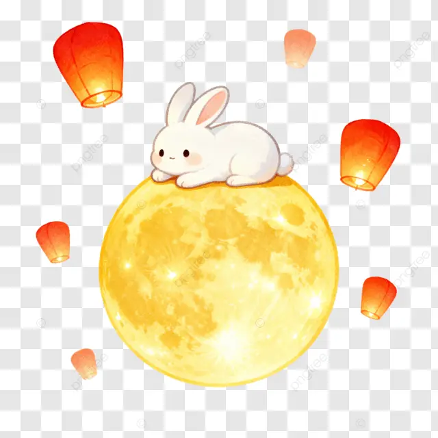 卡通水彩孔明灯兔子月亮中秋团圆夜剪纸画