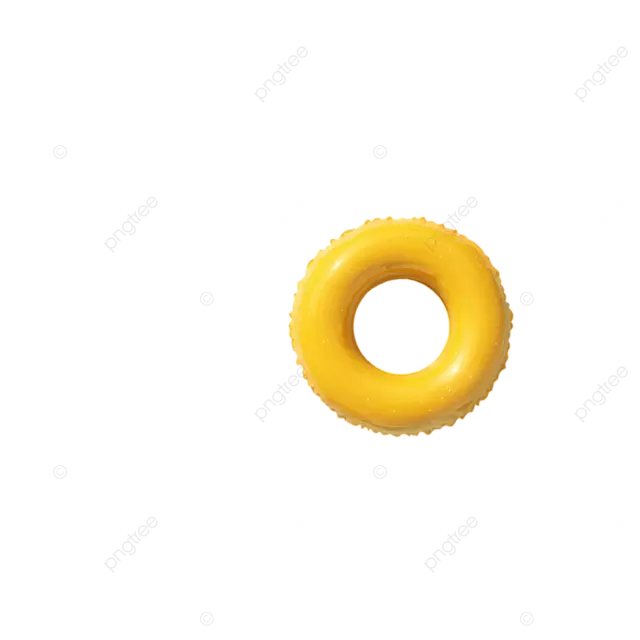 湛蓝的游泳池里漂浮着一个黄色的充气泳圈，周围环绕着热带棕榈叶。