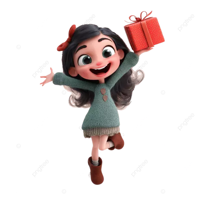 3D卡通女孩拿着礼物盒开心夸张的表情chibi白色背景