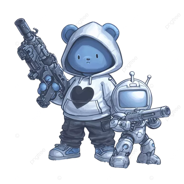 白色背景中拿着射线枪的冒险蓝色爱心熊和赤壁奥特曼