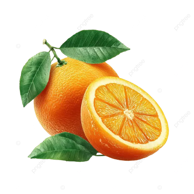 新鲜的橙色，绿叶和多汁的白色背景一半