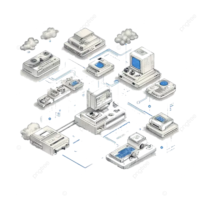 包含复古科技设备和信息流的等距生态系统图
