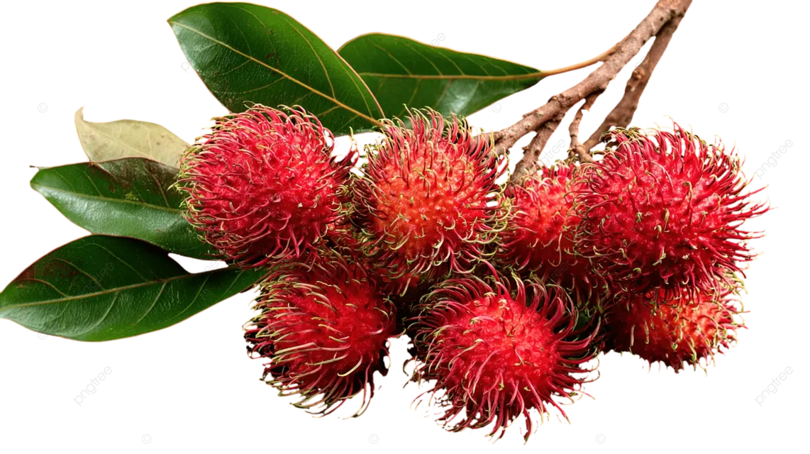 黑色背景上的红毛丹果实和绿叶