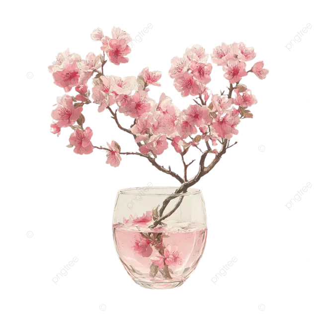 柠檬水玻璃心形植物插图中精致的粉红色花朵树