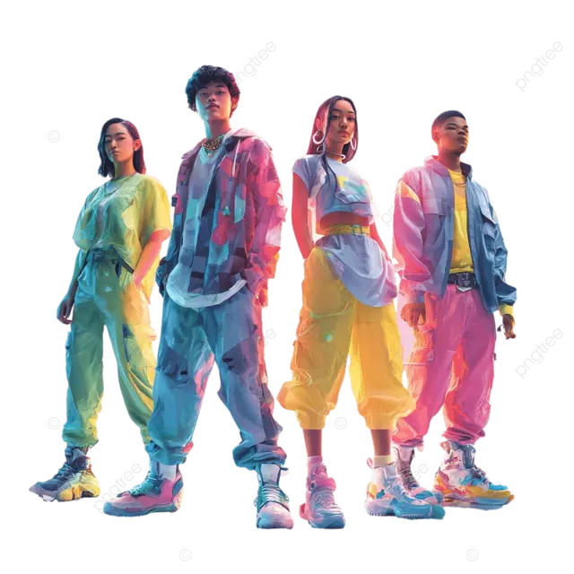 四个性格各异的年轻人自信地站在未来主义霓虹灯市场上闪闪发光的 TikTok 标志前